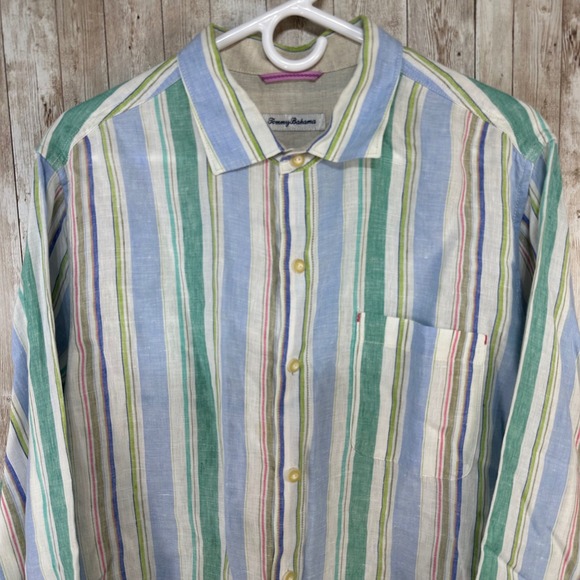 Tommy Bahama Mens Large Linen Striped Button Down Shirt Long Sleeve Casual - Picture 2 of 8